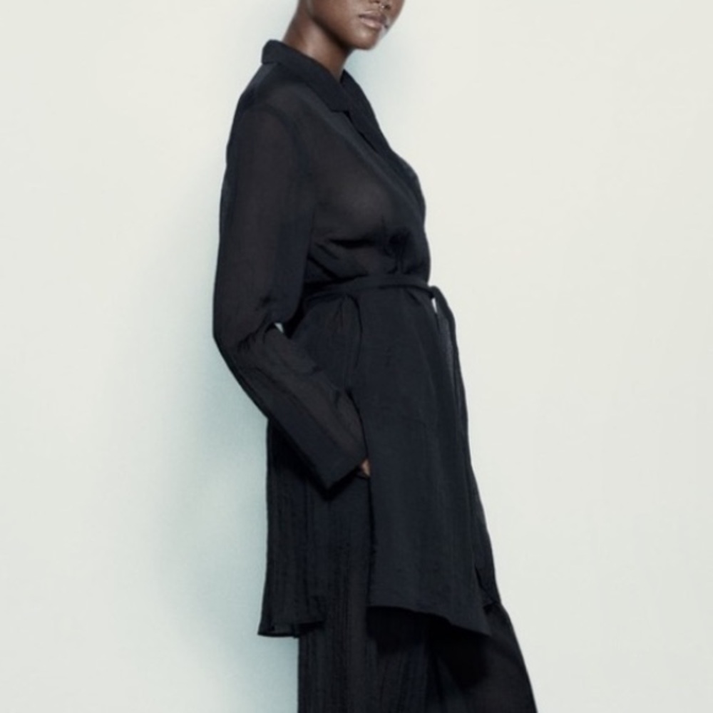 Zara Black Semi-sheer Minimalist Belted Blouse Relaxed long sleeves belt XS NWT